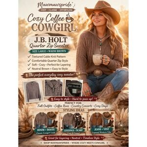 JB Holt Womens Quarter Zip Sweater Large Brown Cable Knit Textured Pullover